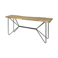 Console table with a natural wood top and black abstract iron base on a white background.