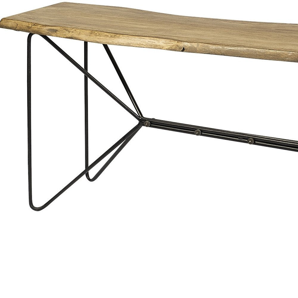 66" Natural and Black Solid Wood and Iron Distressed Abstract Console Table. Console table isolated on a plain white background, showing a black wood surface.