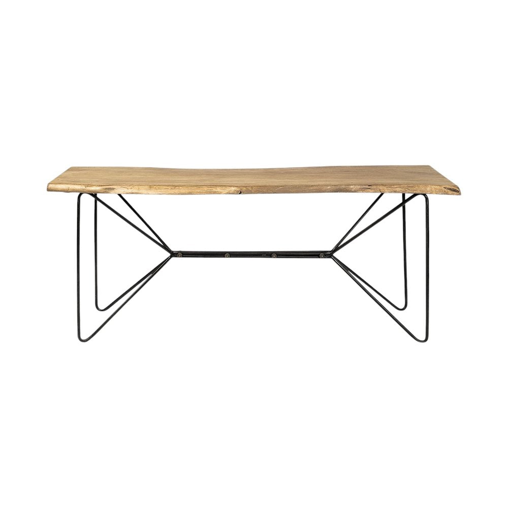 66" Natural and Black Solid Wood and Iron Distressed Abstract Console Table. Console table isolated on a plain white background, in a tan wood finish.