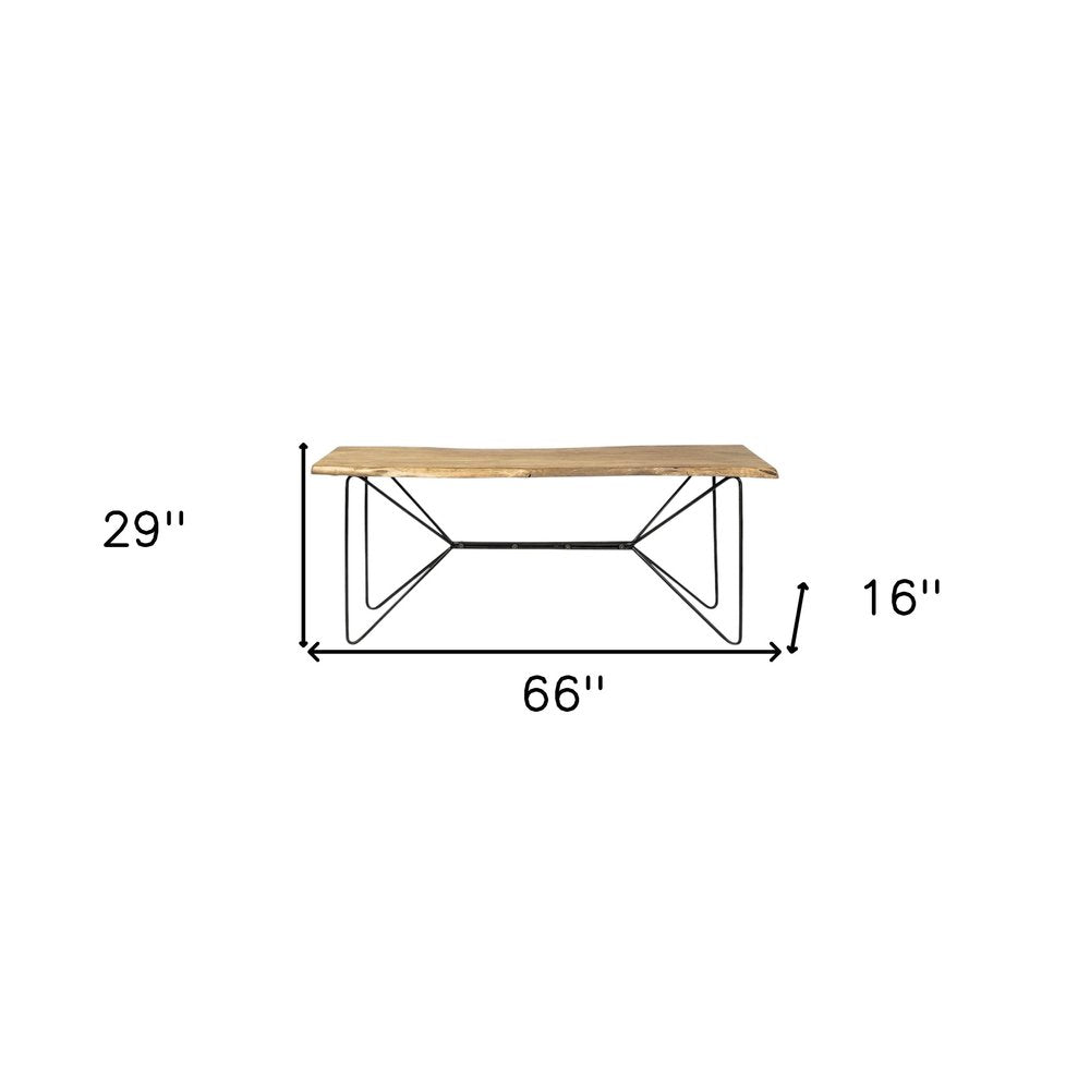 66" Natural and Black Solid Wood and Iron Distressed Abstract Console Table. Console table isolated on a plain white background, showing a wood surface.