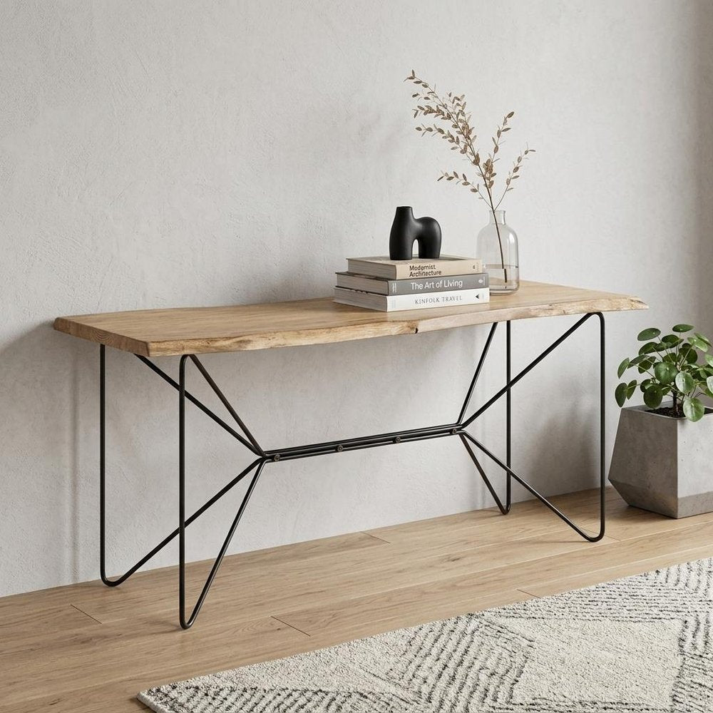 66" Natural and Black Solid Wood and Iron Distressed Abstract Console Table. Console table isolated on a plain white background, in a tan wood finish.