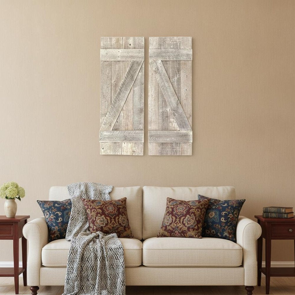 Set Of Two Rustic Weathered Grey Wood Decorative Window Shutters in a home interior