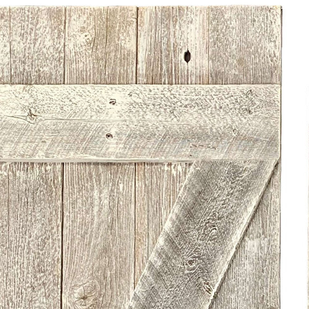 Set Of Two Rustic Weathered Grey Wood Decorative Window Shutters close-up detail