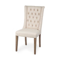 Tufted Cream and Brown Upholstered Linen Wing Back Dining Side Chair on a white background