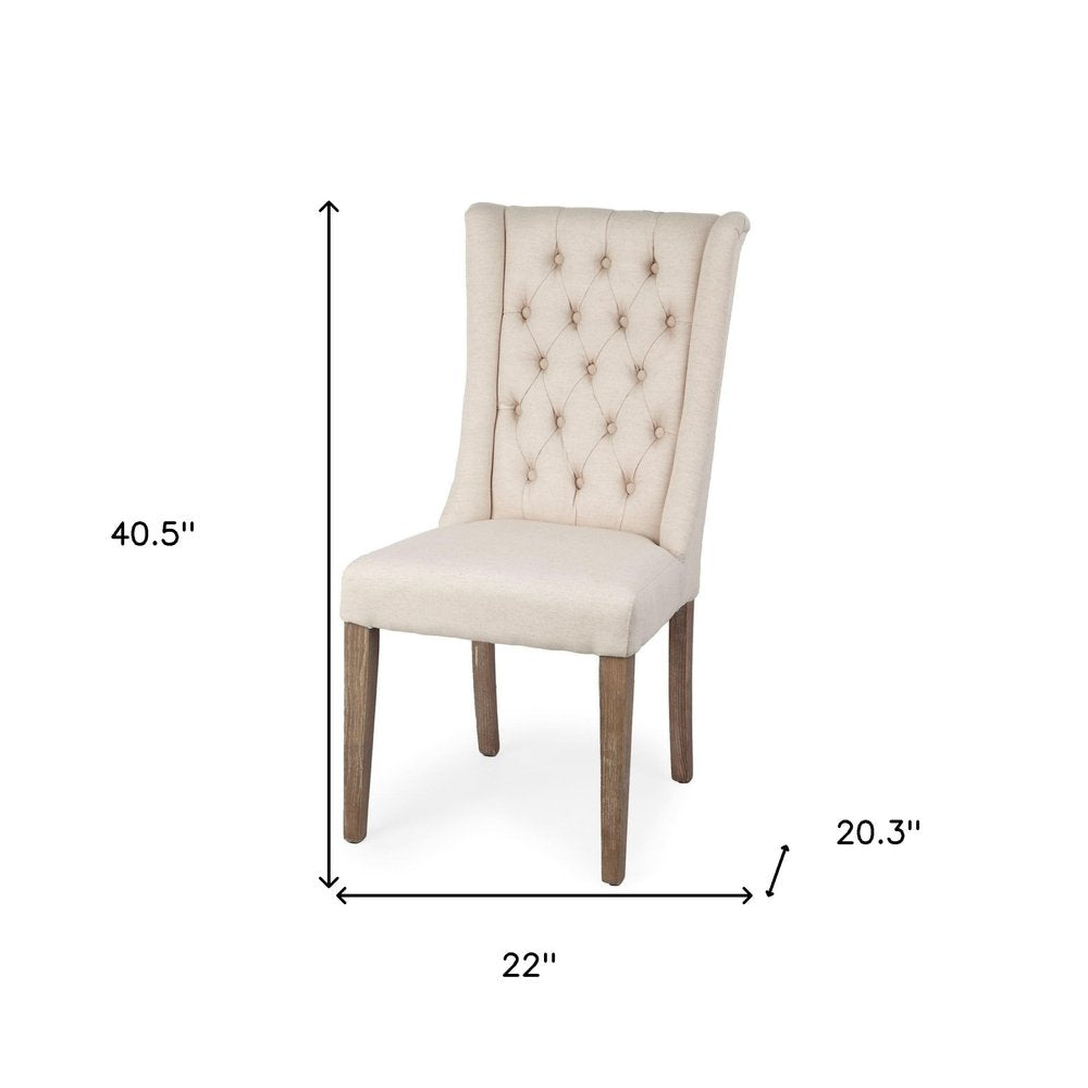 Tufted Cream and Brown Upholstered Linen Wing Back Dining Side Chair on a white background