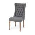 Tufted Gray and Brown Upholstered Linen Wing Back Dining Side Chair on a white background