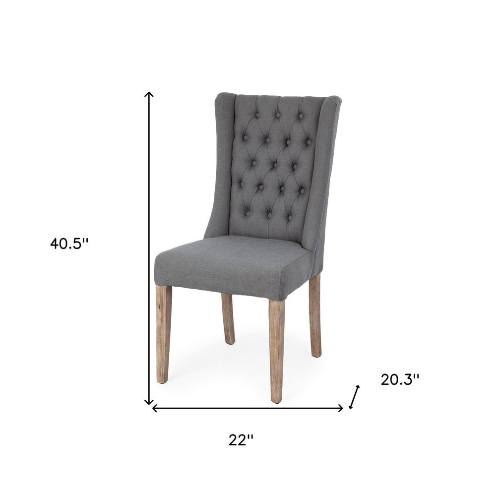 Tufted Gray and Brown Upholstered Linen Wing Back Dining Side Chair on a white background