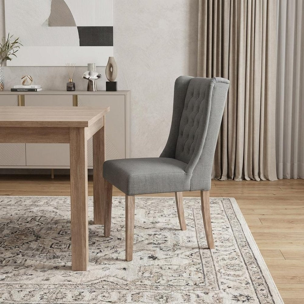 Tufted Gray and Brown Upholstered Linen Wing Back Dining Side Chair close-up detail