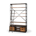 94" Black And Brown Distressed Copper and Wood Four Tier Library Bookcase with Four Drawers on a white background