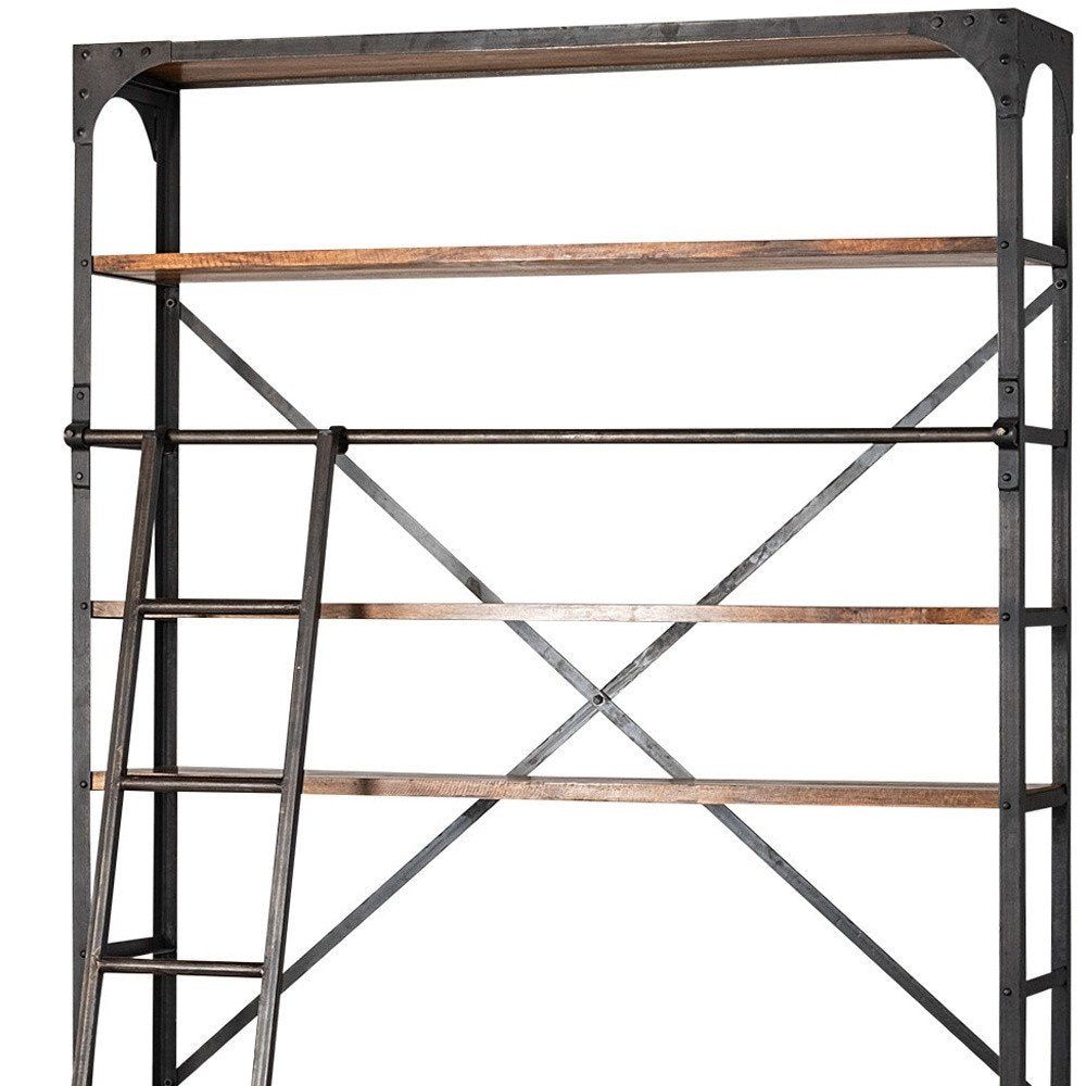 94" Black And Brown Distressed Copper and Wood Four Tier Library Bookcase with Four Drawers on a white background
