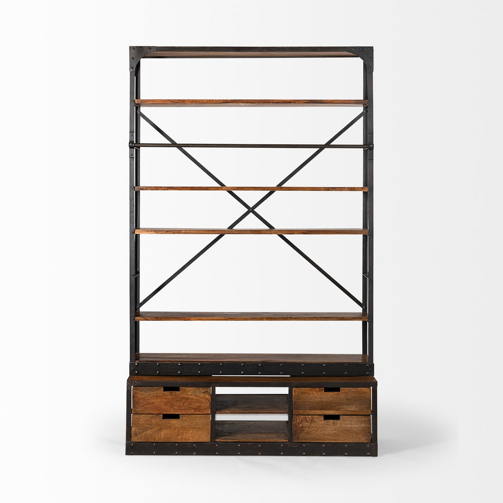 94" Black And Brown Distressed Copper and Wood Four Tier Library Bookcase with Four Drawers on a white background