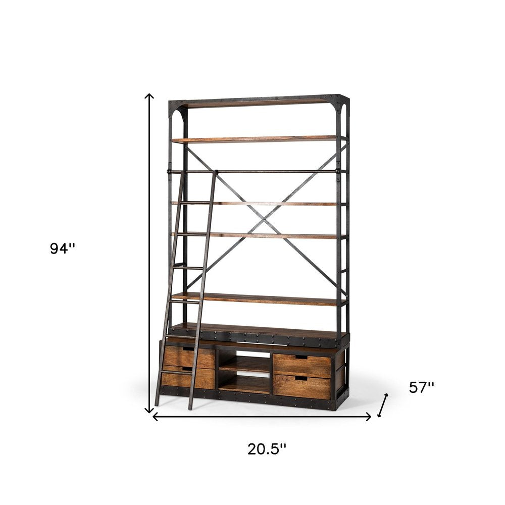 94" Black And Brown Distressed Copper and Wood Four Tier Library Bookcase with Four Drawers on a white background