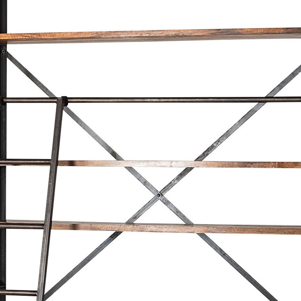 94" Black And Brown Distressed Copper and Wood Four Tier Library Bookcase with Four Drawers on a white background