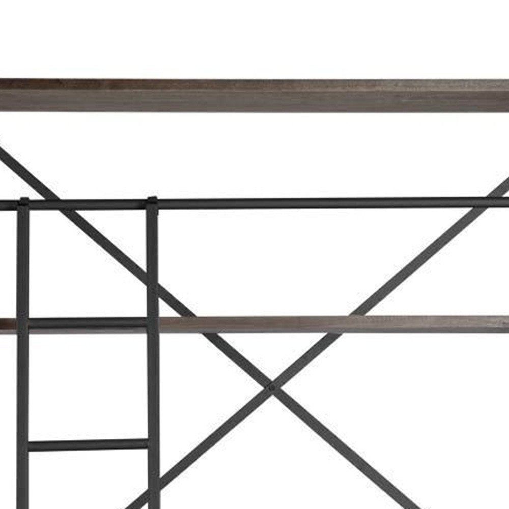 94" Brown Metal and Wood Four Tier Ladder Bookcase on a white background