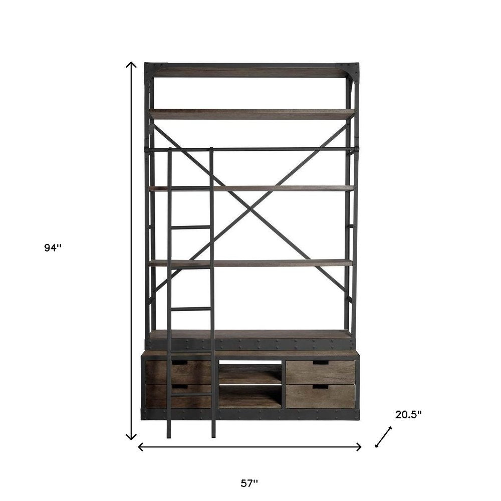 94" Brown Metal and Wood Four Tier Ladder Bookcase on a white background