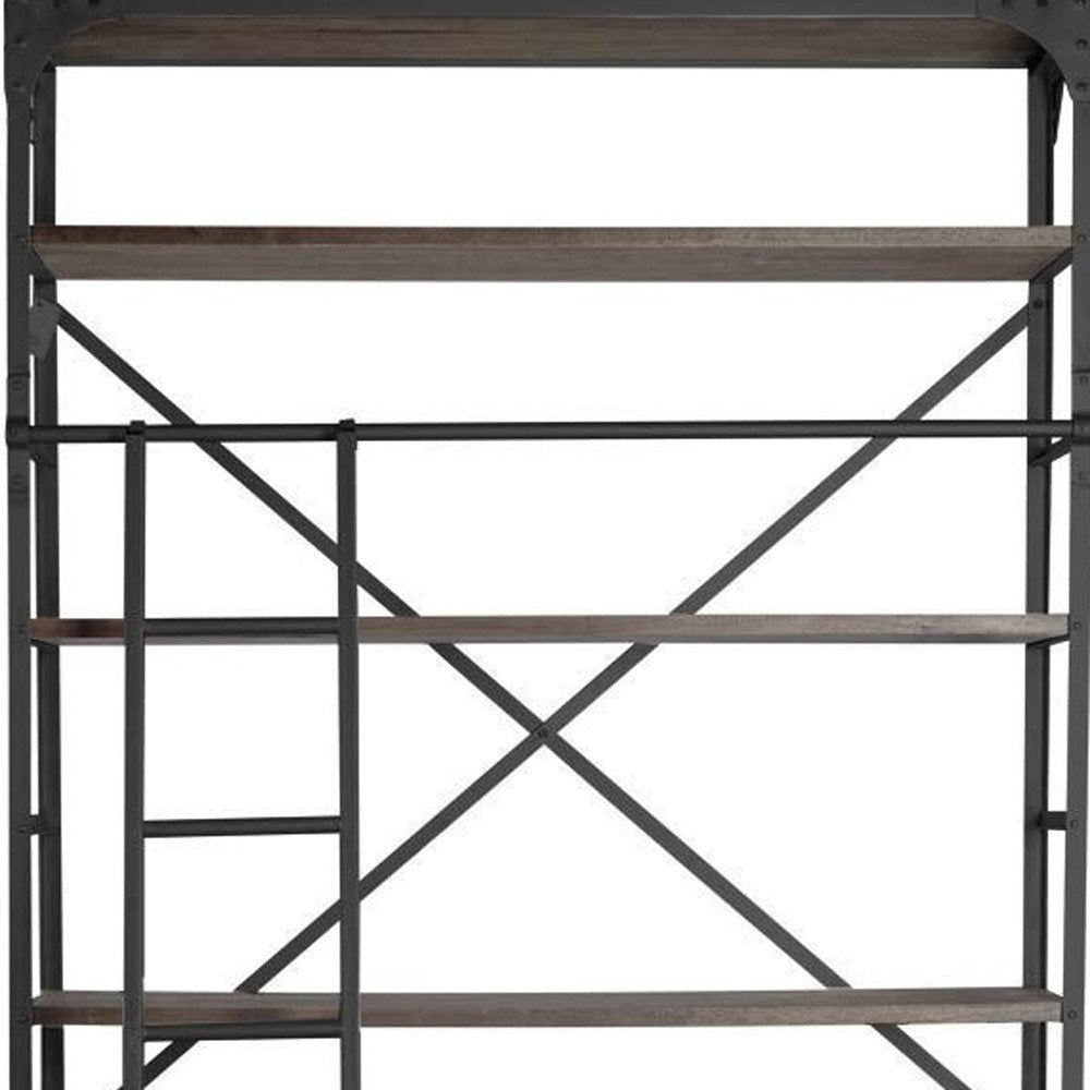 94" Brown Metal and Wood Four Tier Ladder Bookcase on a white background