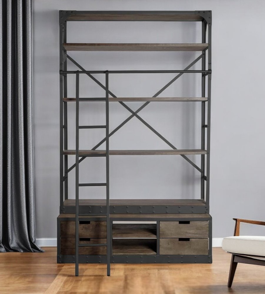 94" Brown Metal and Wood Four Tier Ladder Bookcase in a home interior