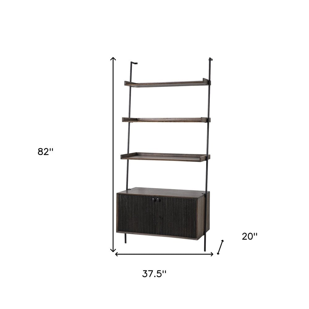 Dark Brown Metal and Wood Three Tier Ladder Bookcase on a white background