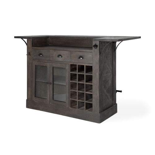 Dark gray solid wood bar with wine rack, glass cabinet doors, and three drawers on a white background.