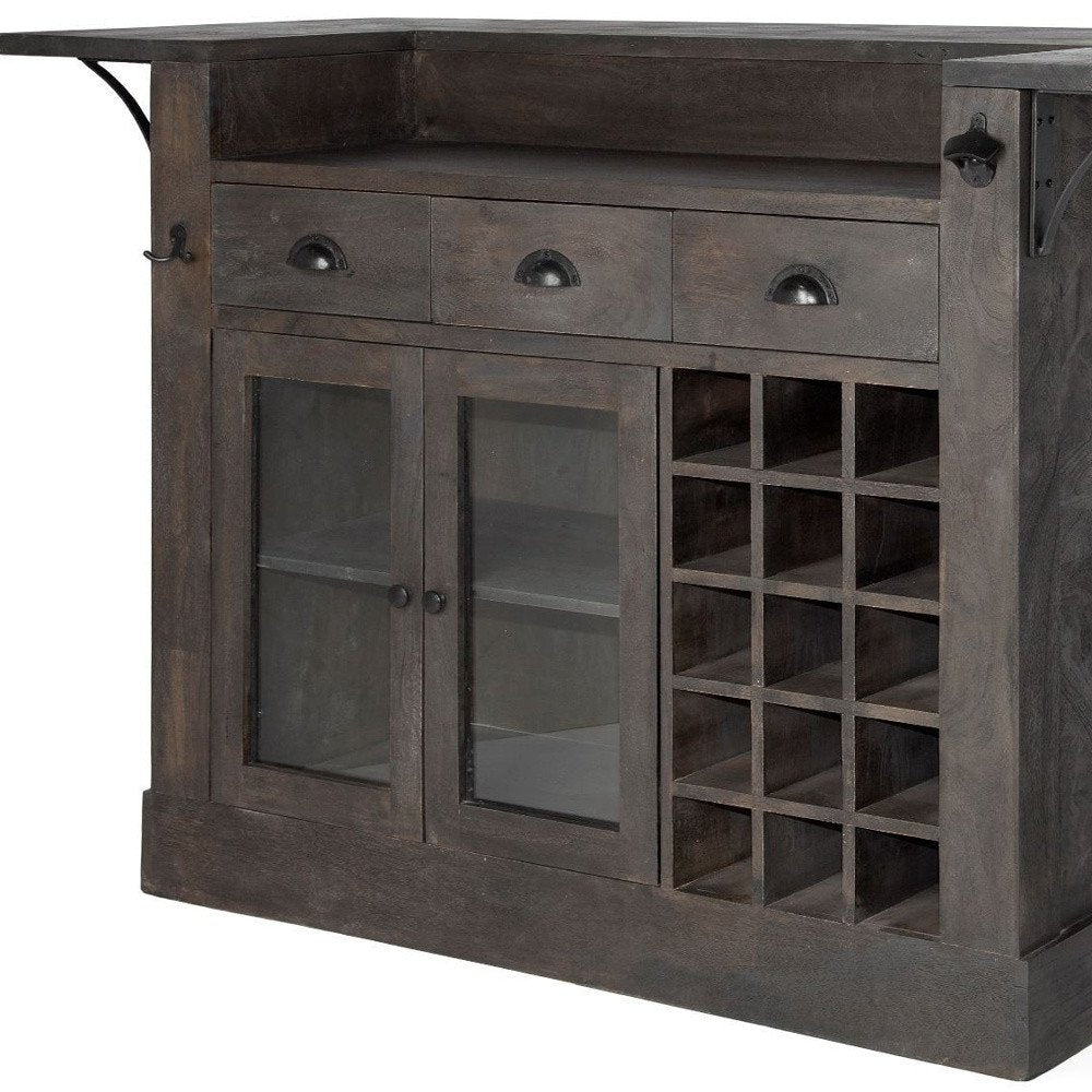29" Gray Solid Wood Rolling Kitchen Island With Storage. Kitchen cart isolated on a plain white background, in a gray wood finish.