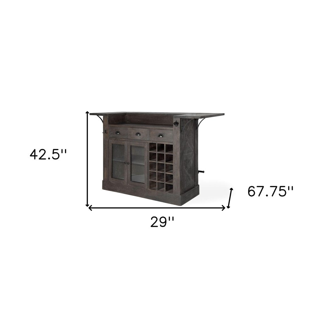 29" Gray Solid Wood Rolling Kitchen Island With Storage. Kitchen cart isolated on a plain white background, in a gray wood finish.