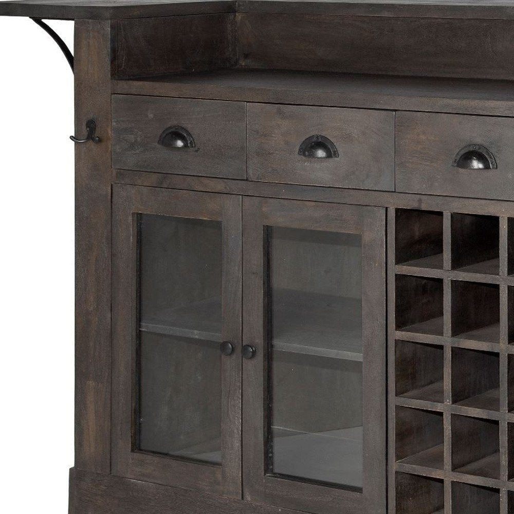 Cropped view of 29" Gray Solid Wood Rolling Kitchen Island With Storage focusing on the gray wood surface.