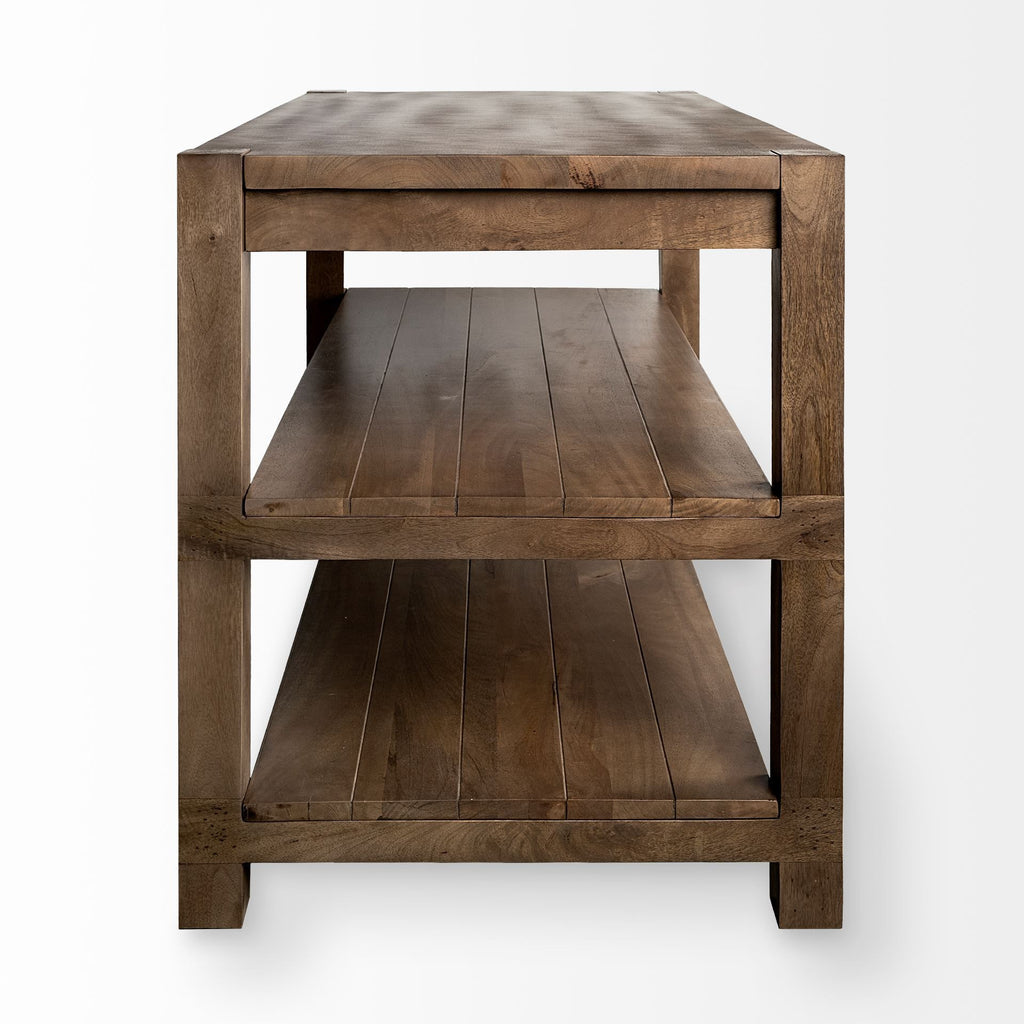 Brown Solid Wood Kitchen Island With Two Tier Smooth Counter Top on a white background