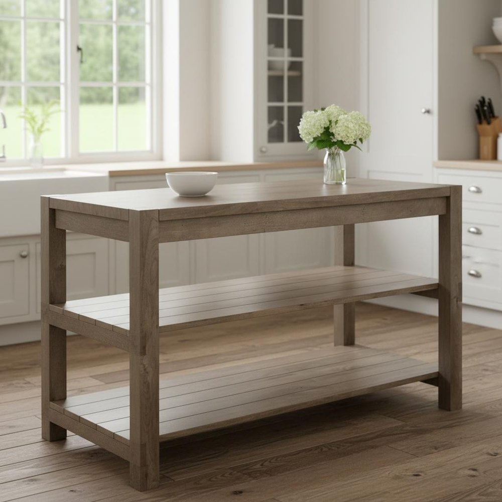 Brown Solid Wood Kitchen Island With Two Tier Smooth Counter Top in a home interior
