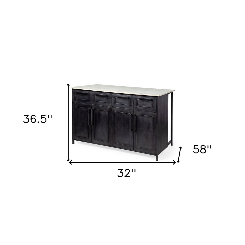 Solid Iron Black Body White Marble Top Kitchen Island With 4 Drawer on a white background