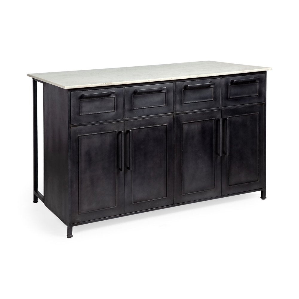 Solid Iron Black Body White Marble Top Kitchen Island With 4 Drawer on a white background