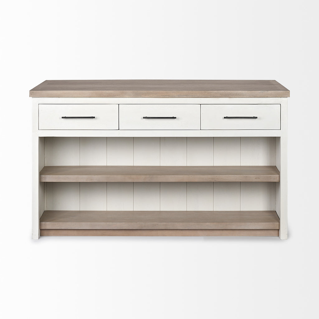 White And Brown Two Tone Wooden Kitchen Island With 3 Drawers on a white background