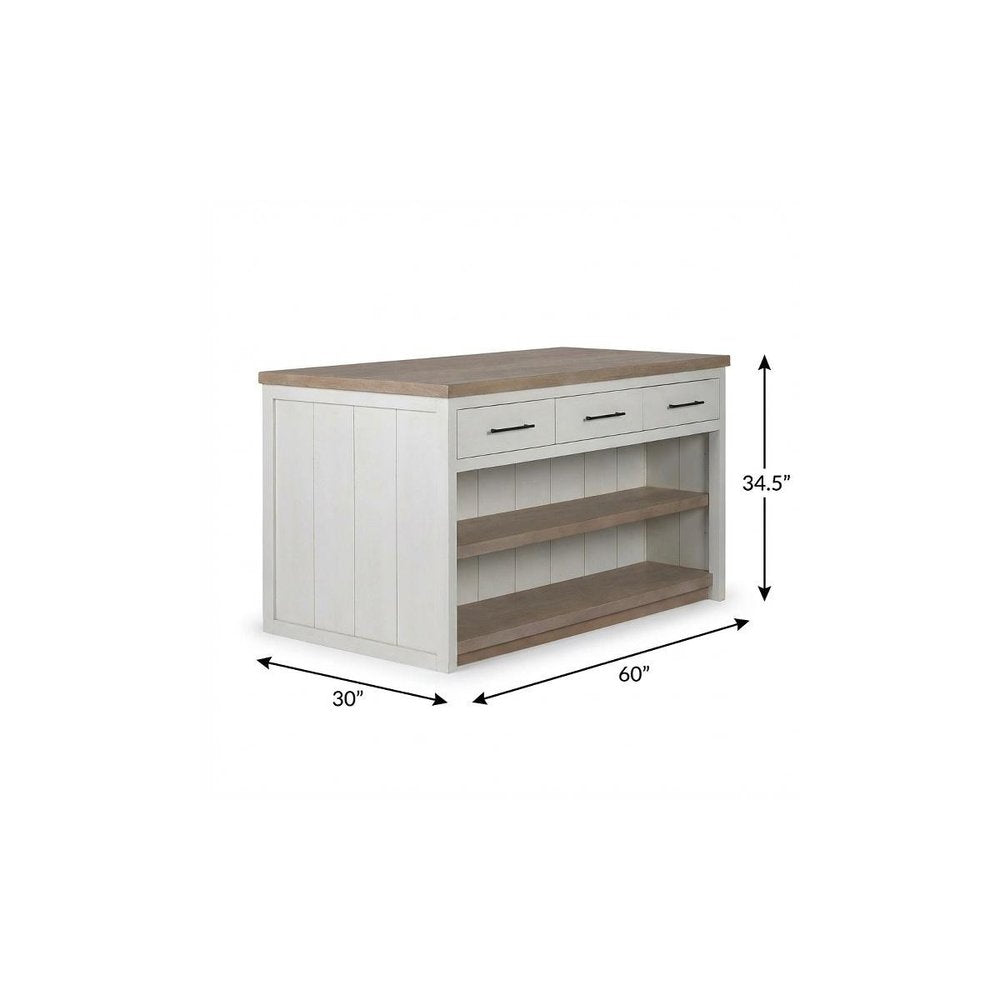 White And Brown Two Tone Wooden Kitchen Island With 3 Drawers on a white background