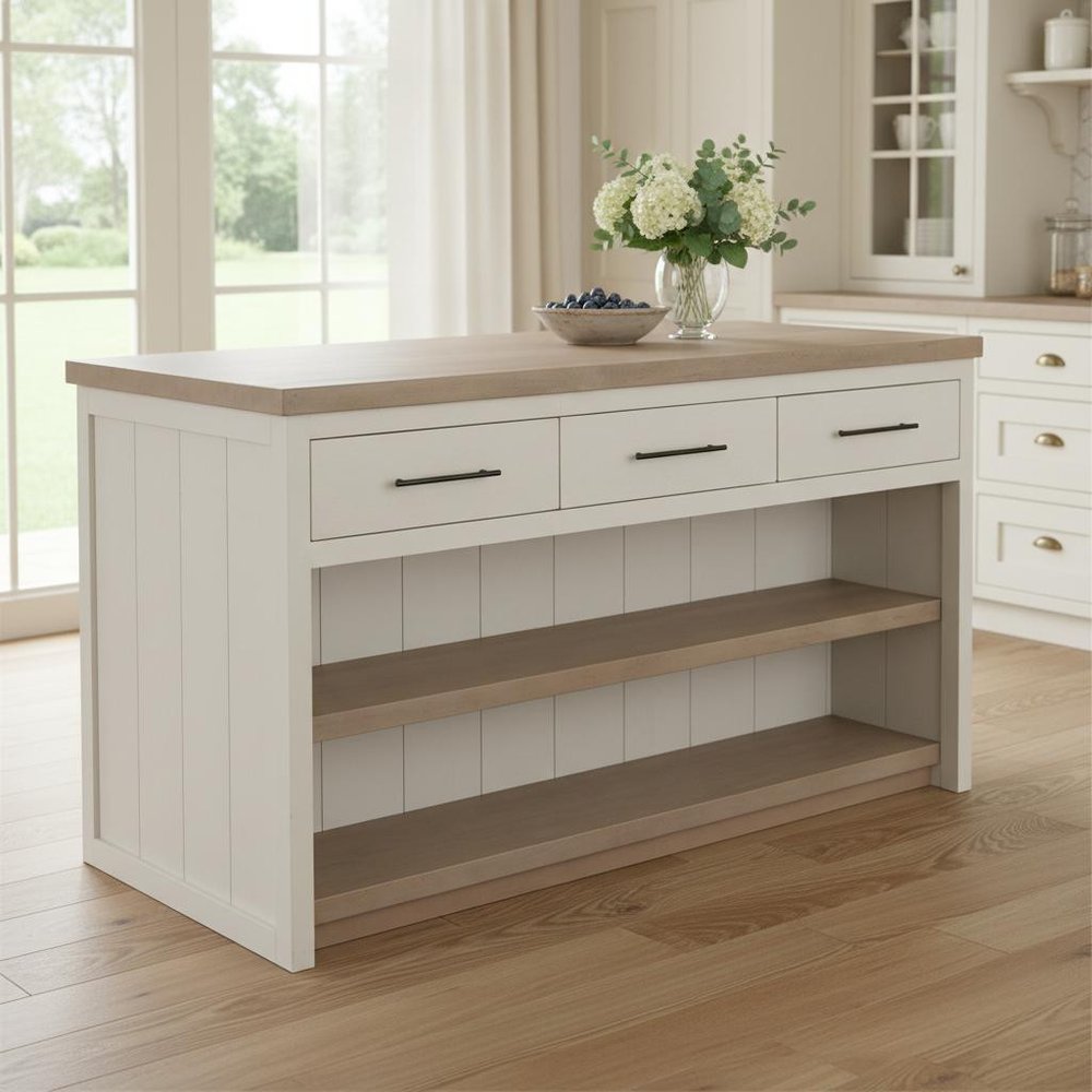 White And Brown Two Tone Wooden Kitchen Island With 3 Drawers in a home interior