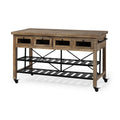 Brown Solid Wood Top Kitchen Island With Two Tier Black Metal Rolling on a white background