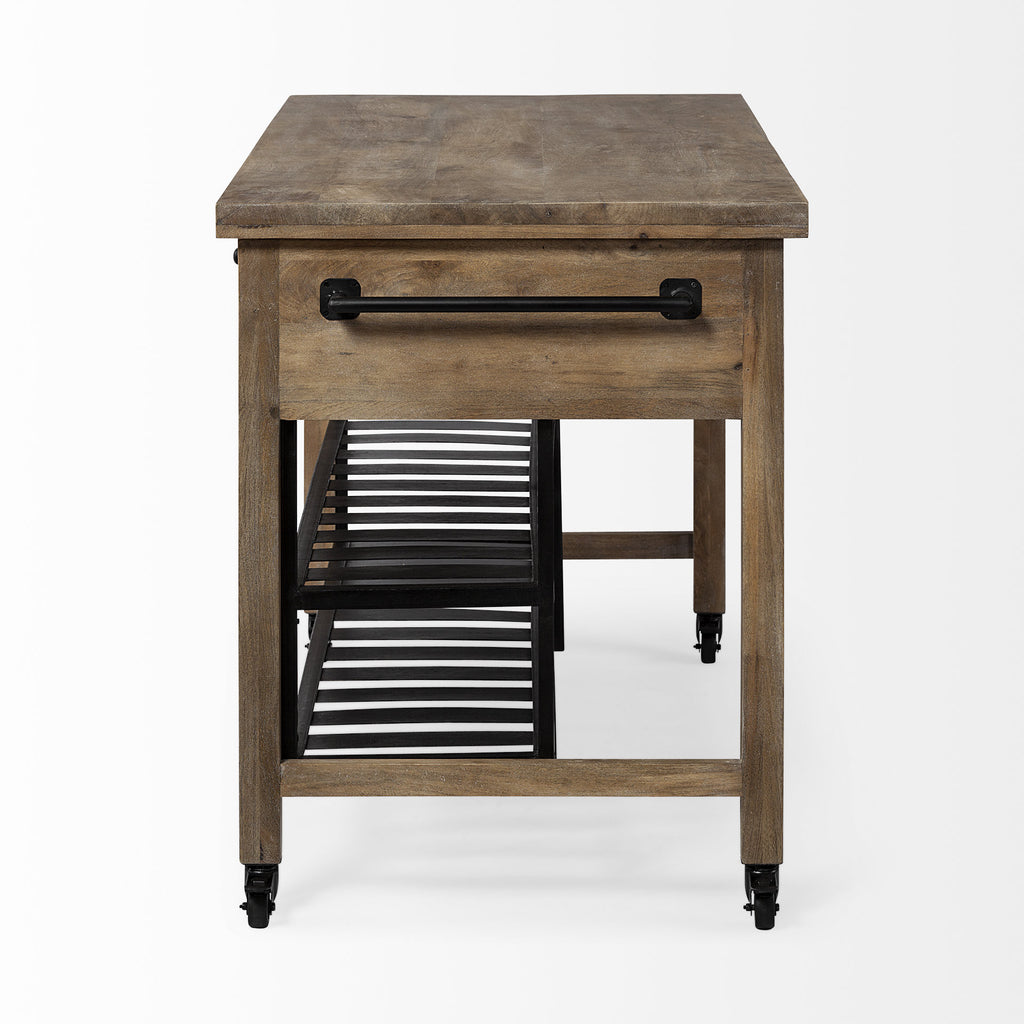 Brown Solid Wood Top Kitchen Island With Two Tier Black Metal Rolling on a white background