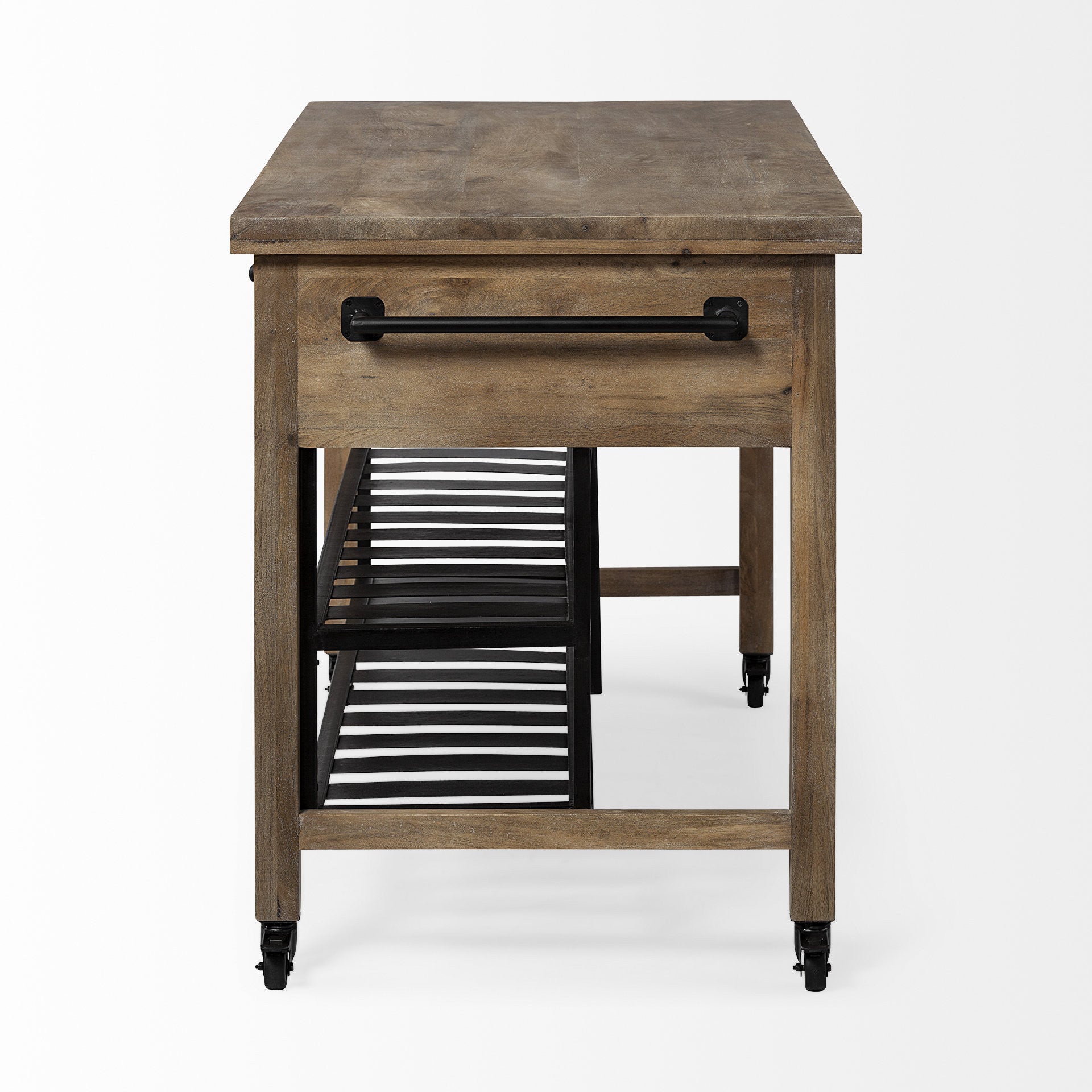 Brown Solid Wood Top Kitchen Island With Two Tier Black Metal Rolling on a white background