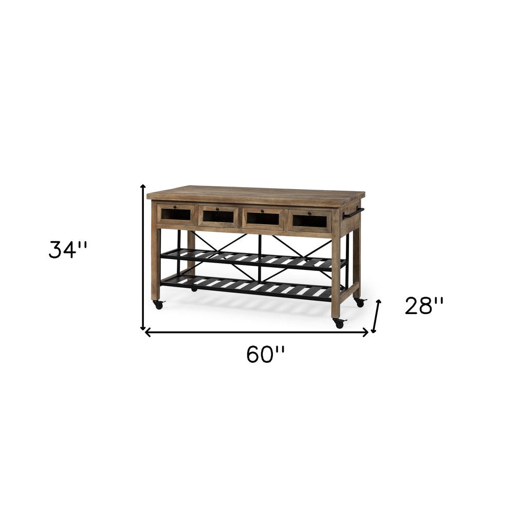 Brown Solid Wood Top Kitchen Island With Two Tier Black Metal Rolling on a white background