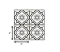 Four 4" x 4" black and white mosaic peel and stick tiles with a floral pattern on a white background.