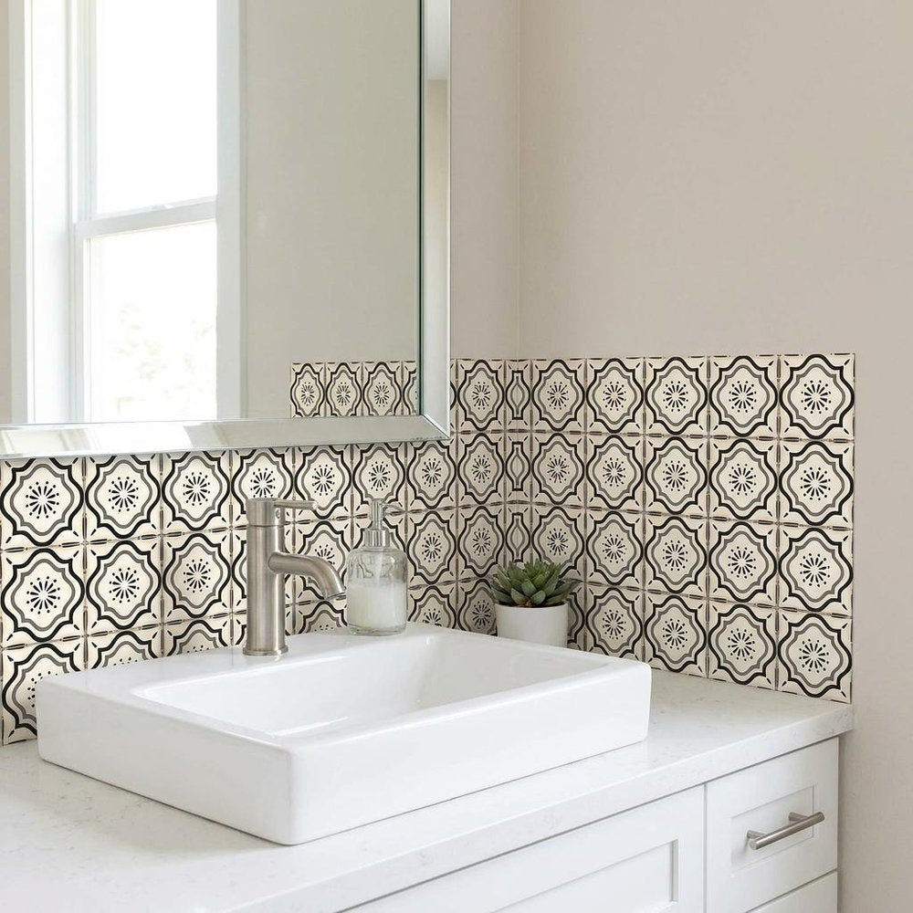 6" X 6" Black And White Mosaic Peel And Stick Removable Tiles close-up detail
