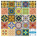 A collection of 24 colorful, patterned mosaic tiles with Mediterranean designs, featuring yellow, blue, red, and green accents.