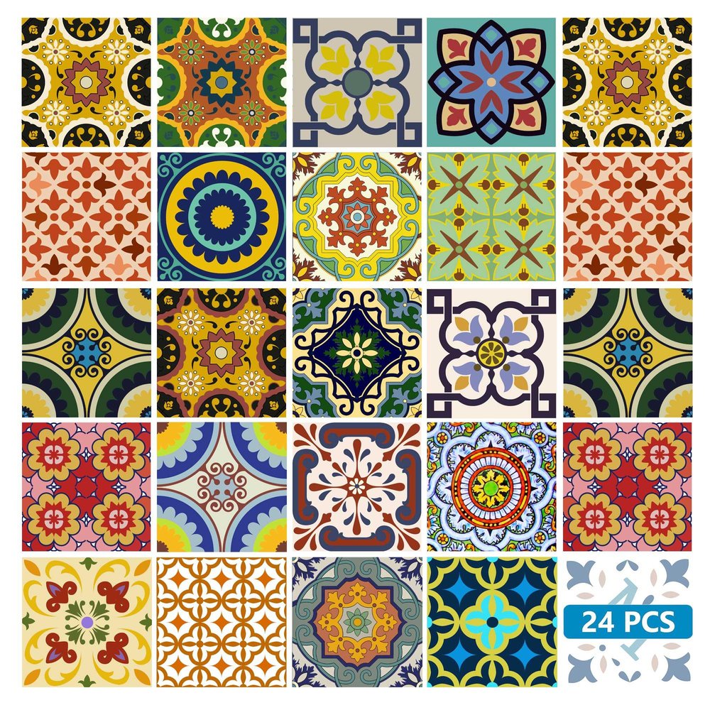 A collection of 24 colorful, patterned mosaic tiles with Mediterranean designs, featuring yellow, blue, red, and green accents.