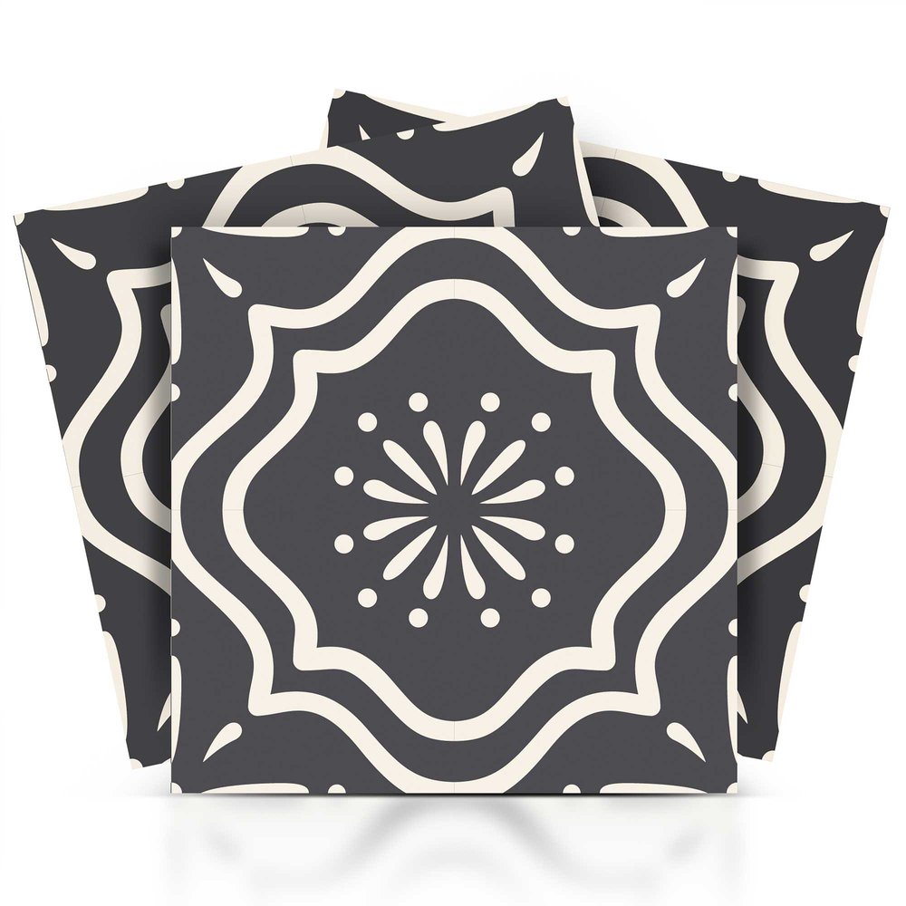 Six by six inch gray and white peel and stick tiles with a floral pattern on a white background.