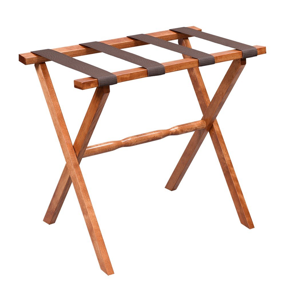 Wooden folding luggage rack with four brown straps on a white background.
