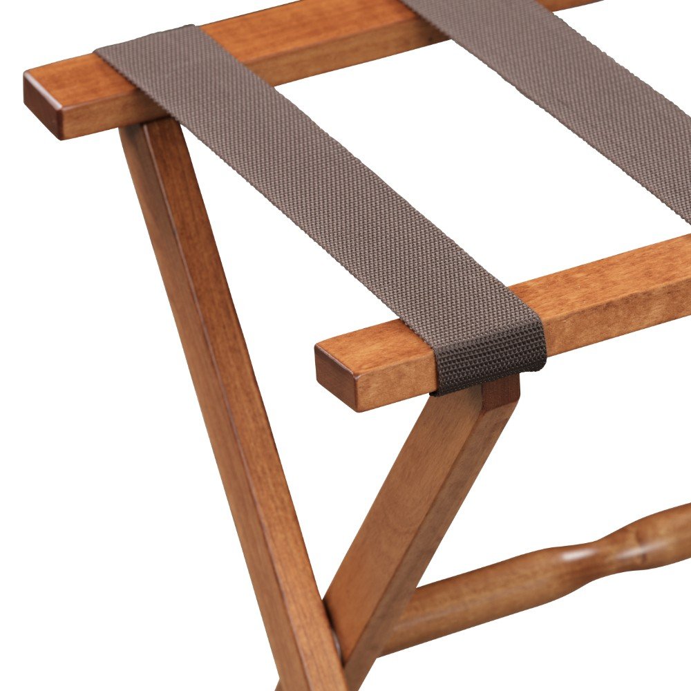 Hotel Light Walnut Folding Luggage Rack With Four Straps on a white background