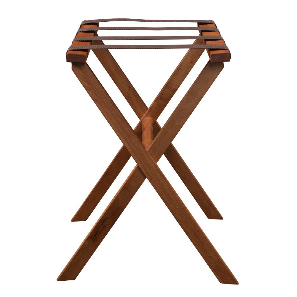 Hotel Light Walnut Folding Luggage Rack With Four Straps on a white background