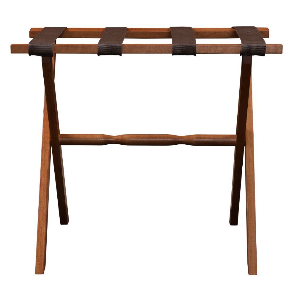 Hotel Light Walnut Folding Luggage Rack With Four Straps on a white background