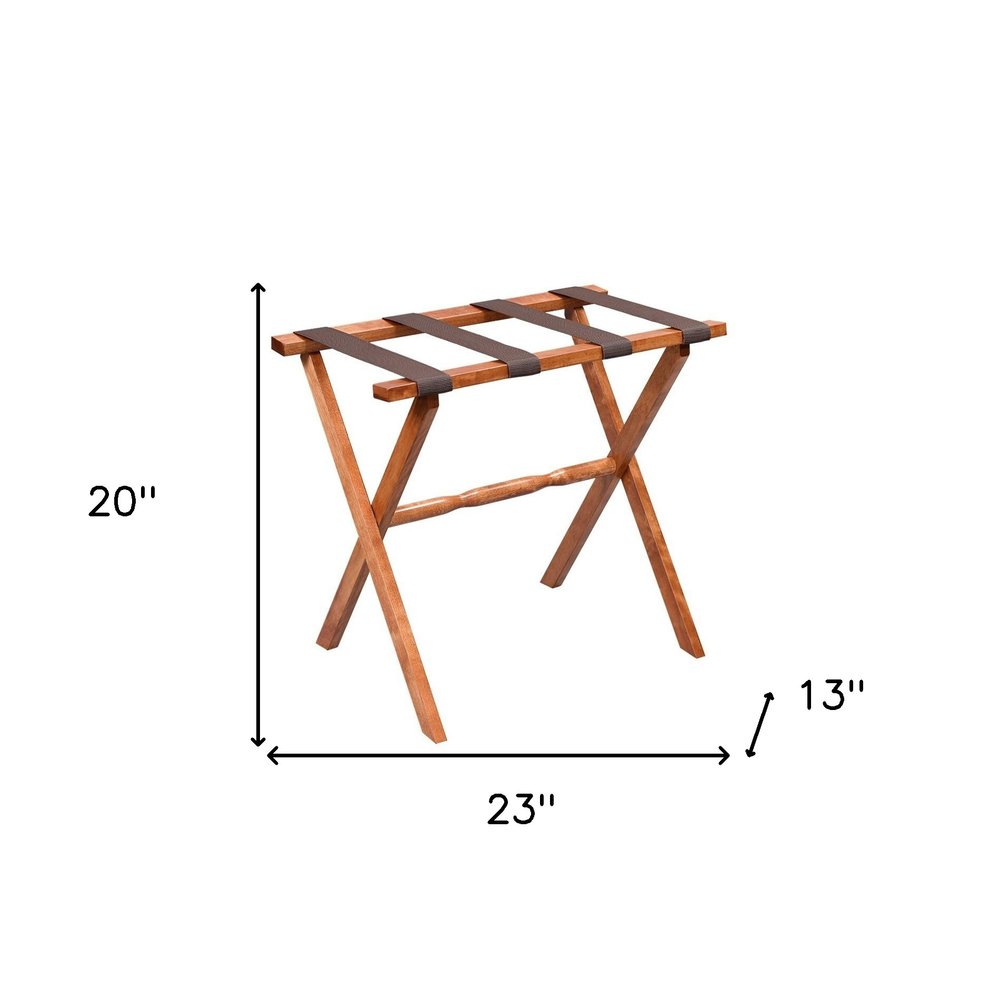 Hotel Light Walnut Folding Luggage Rack With Four Straps on a white background