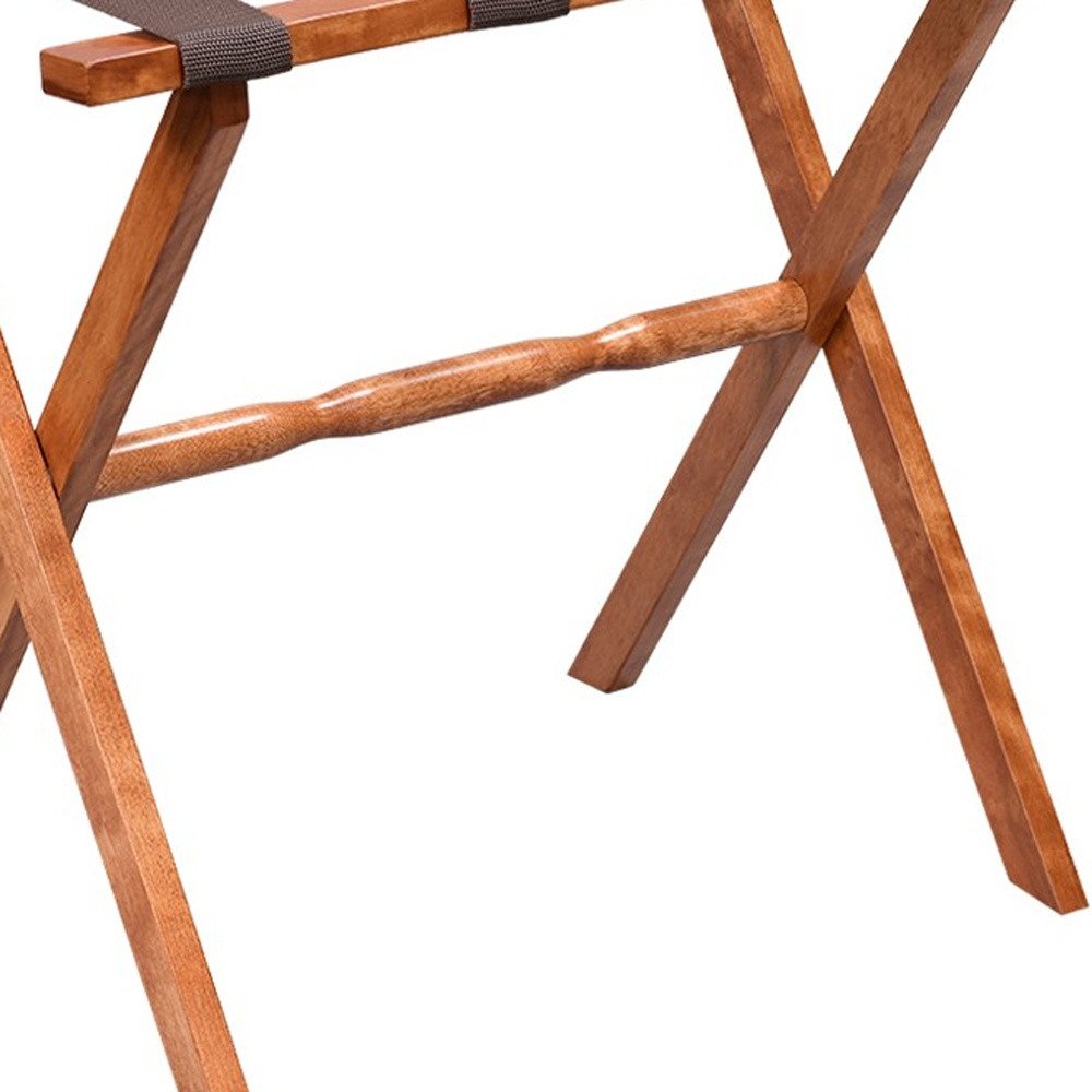 Hotel Light Walnut Folding Luggage Rack With Four Straps on a white background