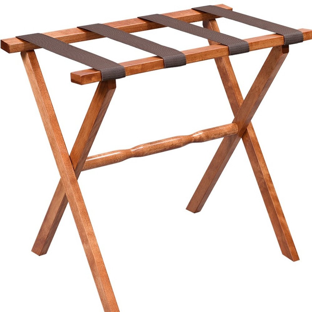 Hotel Light Walnut Folding Luggage Rack With Four Straps on a white background