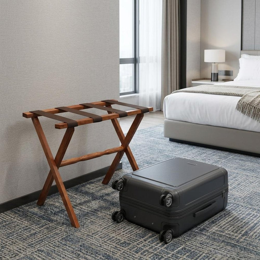 Hotel Light Walnut Folding Luggage Rack With Four Straps in a home interior
